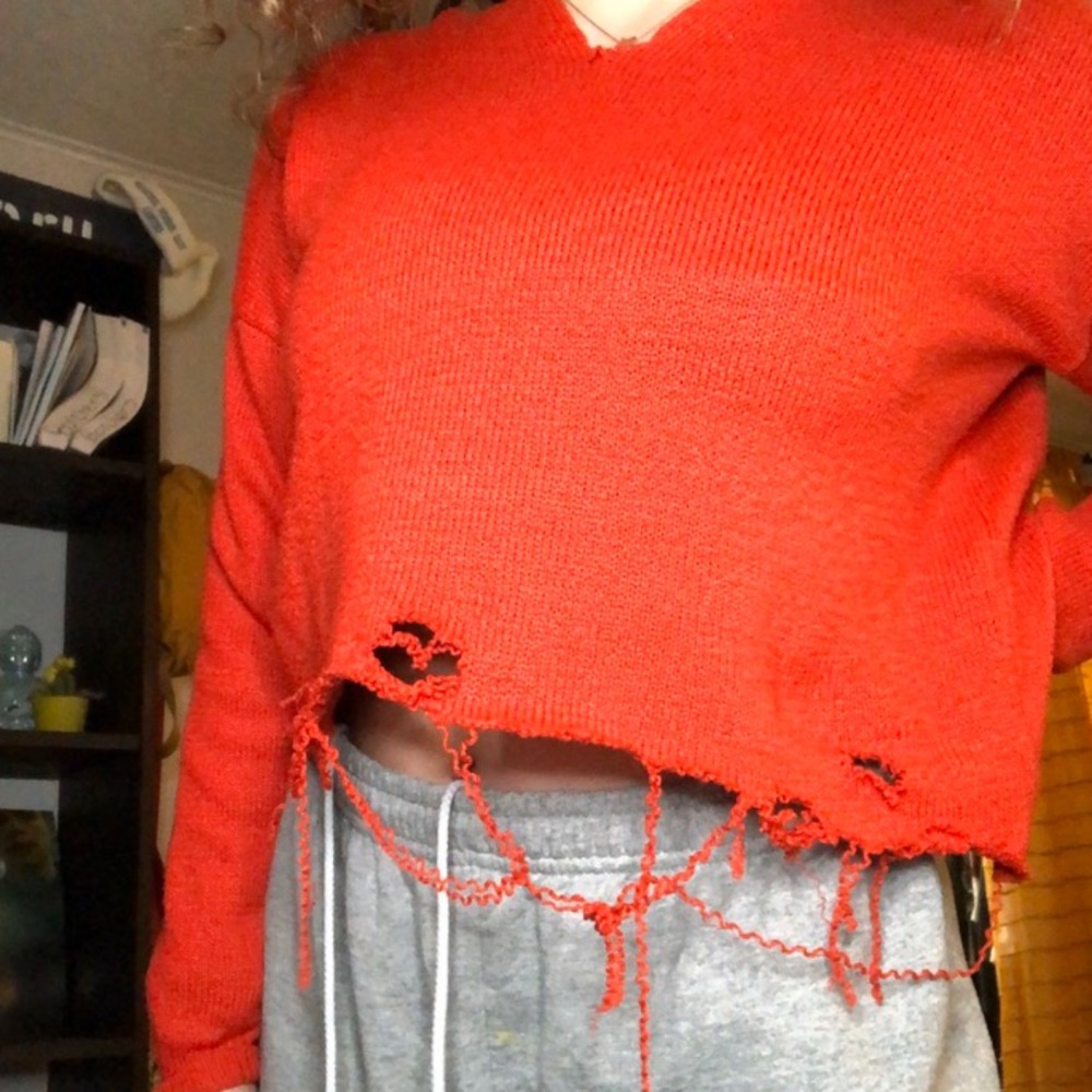forever 21 red distressed sweater w/ hood